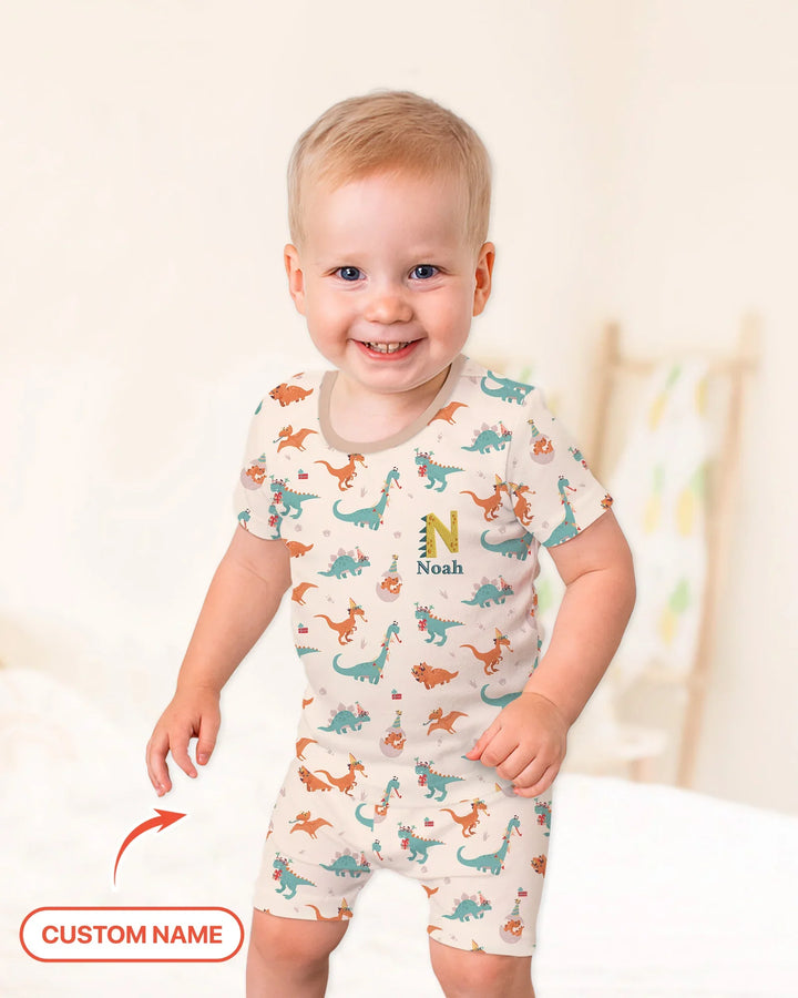 Embroidered Dinosaurs Bamboo Two Piece Short Sleeve Shorts Pajama Set