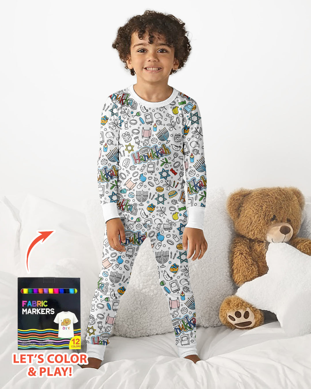 Happy Hanukkah Colorable Bamboo Two Piece Long Sleeve Pajama Set