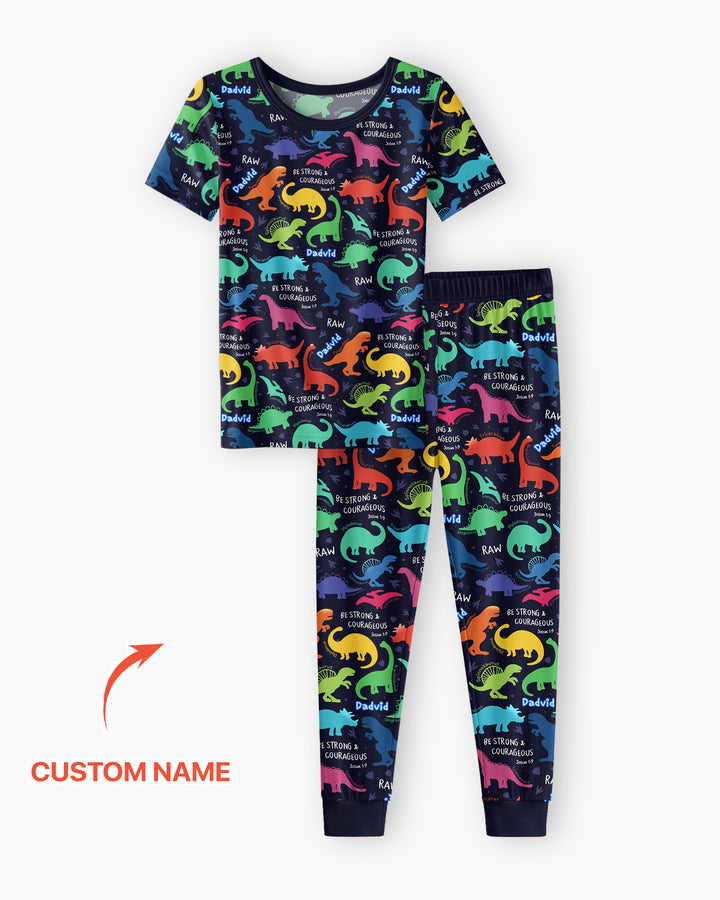 Be Strong and Courageous Dinosaur Christian Bamboo Two Piece Short Sleeve Pajama Set