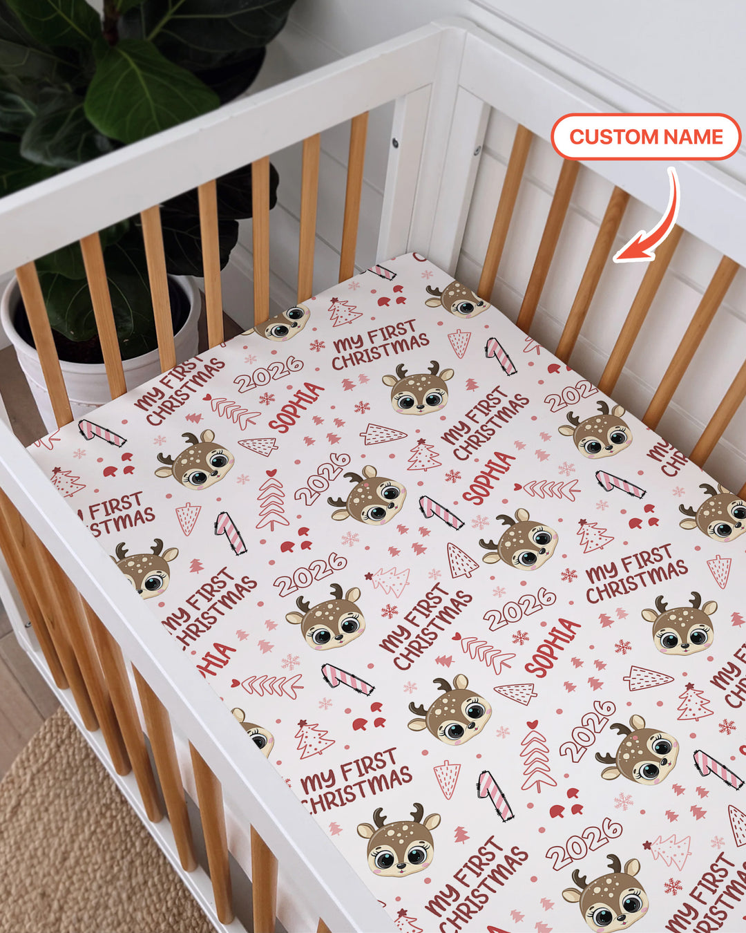 Custom Name Cute Reindeer My First Christmas Bamboo Fitted Crib Sheet