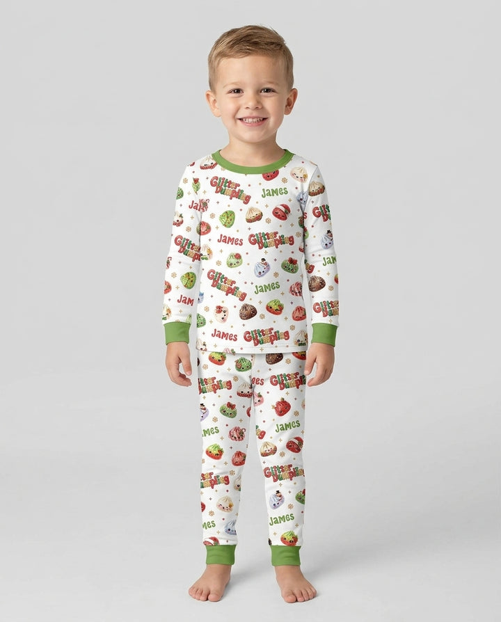 Custom Name Glitter Christmas Dumpling  Bamboo Two Piece Long Sleeve Pajama Set