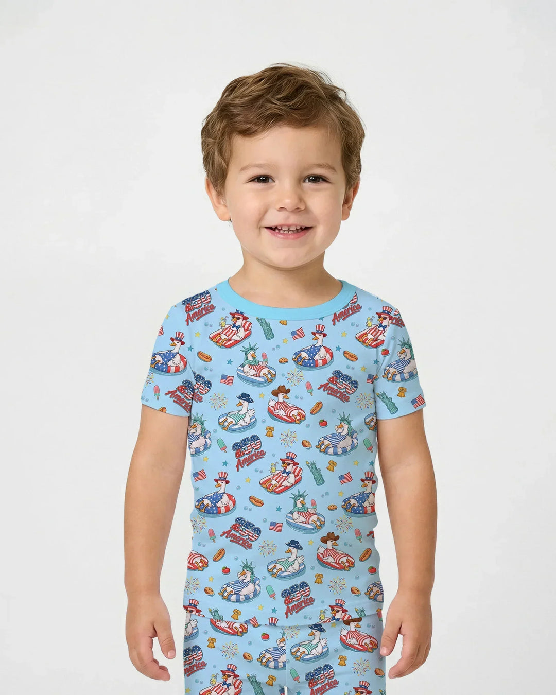 250 America Patriotic Goose Family Matching Bamboo Two Piece Short Sleeve Pajama Set