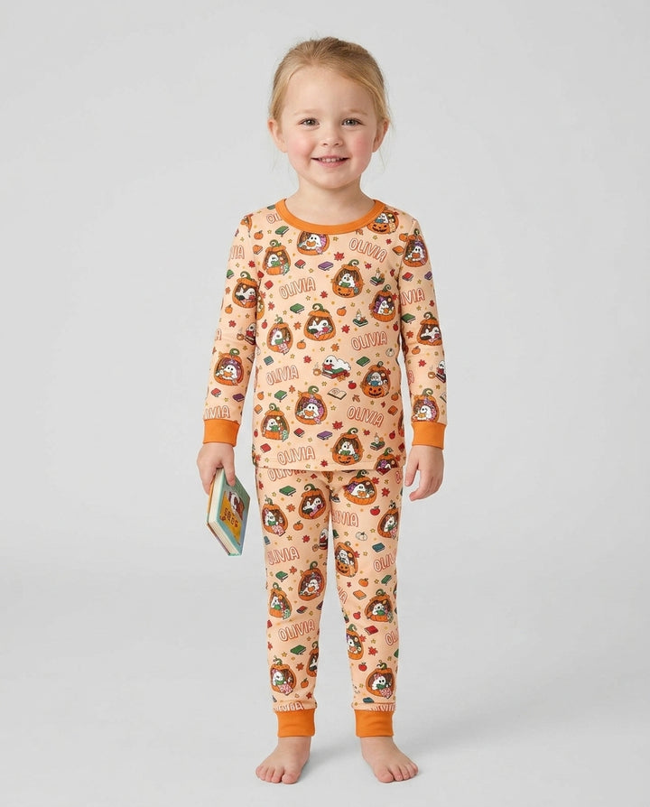 Bookish Ghost Halloween Custom Name Bamboo Two Piece Long Sleeve Pajama Set