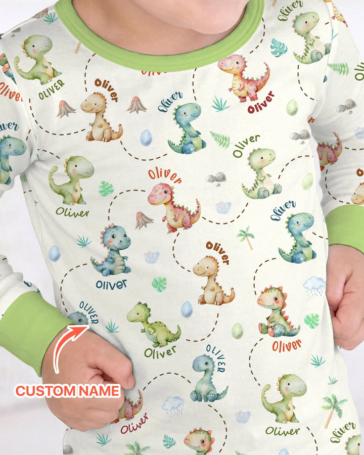 Personalized Dino Friends Bamboo Two Piece Long Sleeve Pajama Set