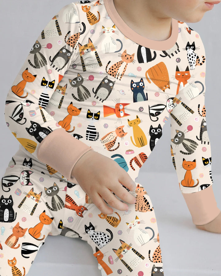 Goofy Mischief Cat Family Matching Bamboo Two Piece Long Sleeve Pajama Set