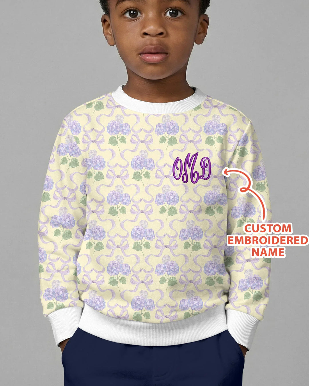 Custom Name Embroidered Hydrangea Welcome Home Bamboo Crewneck Sweatshirt