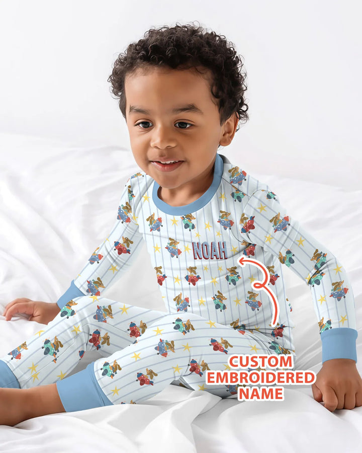 Custom Name Embroidered Dachshund Pilot Bamboo Two Piece Long Sleeve Pajama Set