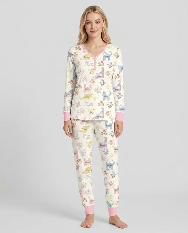 Gingham Cats Custom Name Bamboo Women Pajama Set