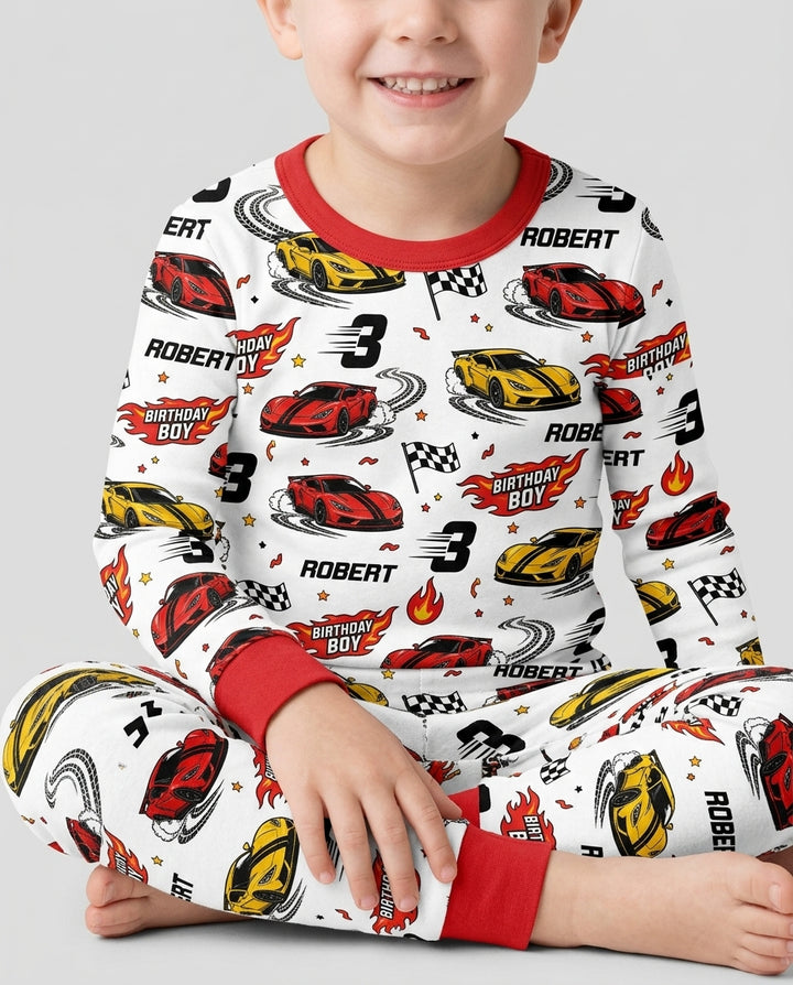 Personalized Racing Car Birthday Boy Bamboo Two Piece Long Sleeve Pajama Set