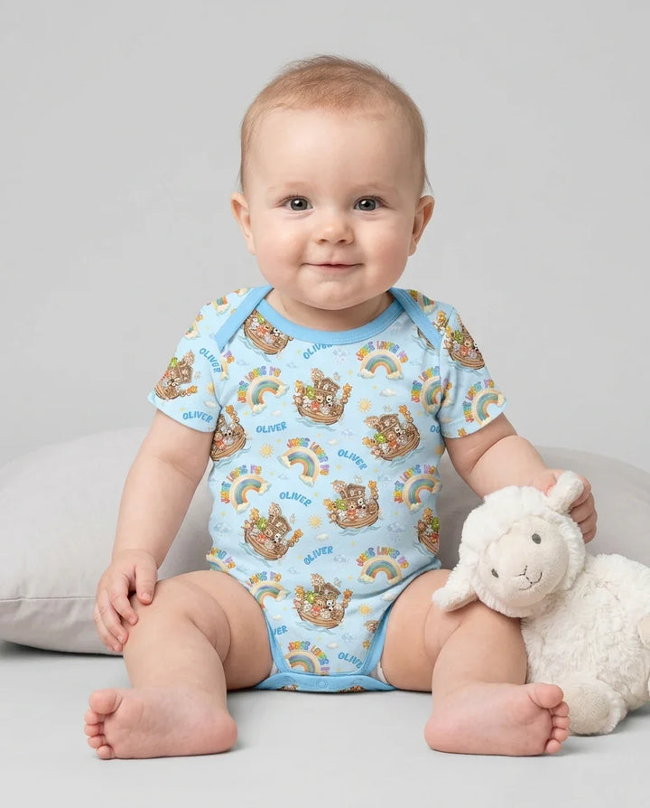 Custom Name Jesus Loves Me Noah's Ark Bamboo Bodysuit