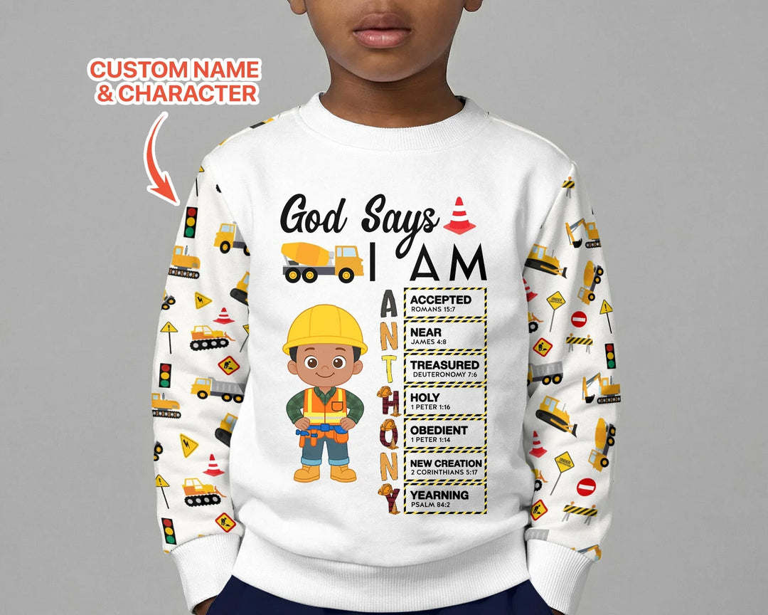 God Says I Am Little Builder Brief in Bibel Bambus Rundhals-Sweatshirt mit individuellem Namen