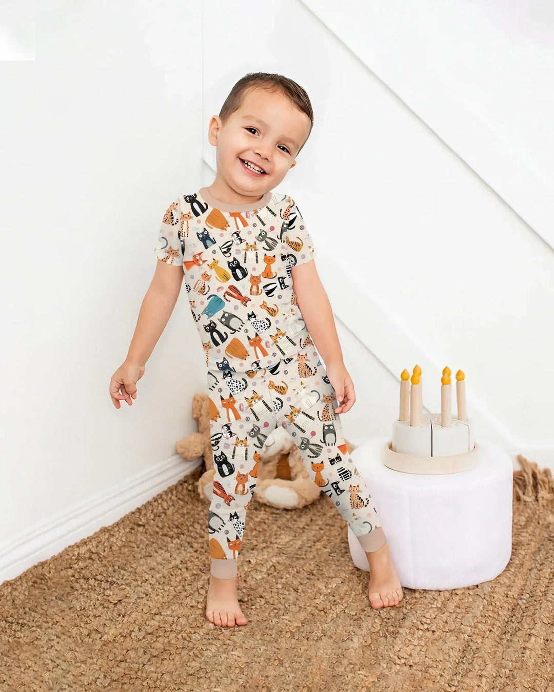 Goofy Mischief Cat Family Matching Bamboo Two Piece Short Sleeve Pajama Set