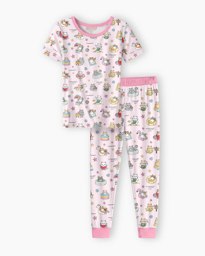 Kawaii Cats Summer Vacation Bamboo Two Piece Short Sleeve Pajama Set