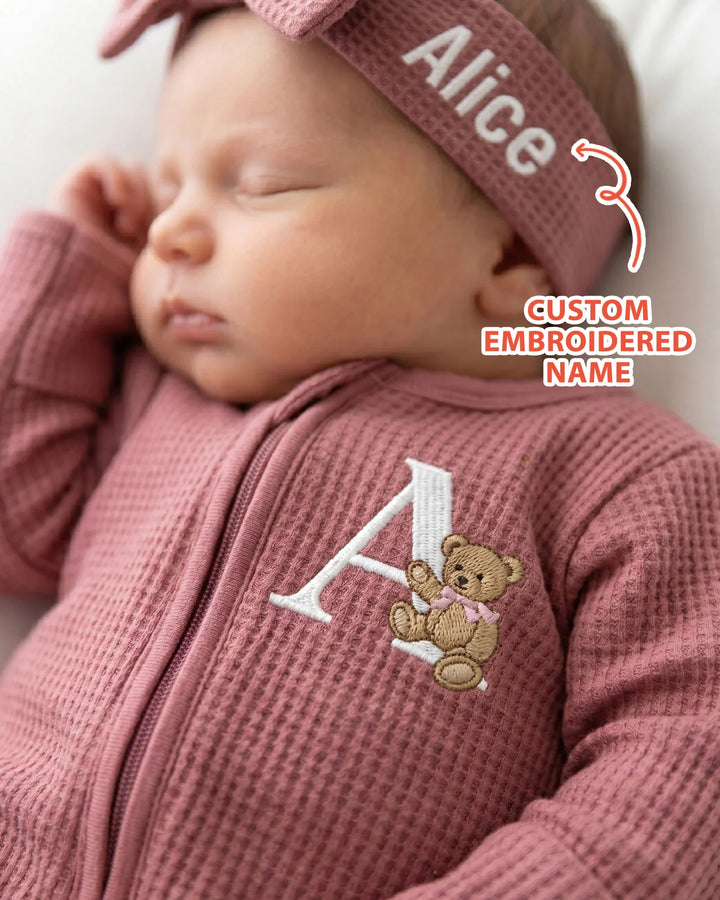 Personalized Cute Bear Embroidered Waffle Bamboo Zipper Footie