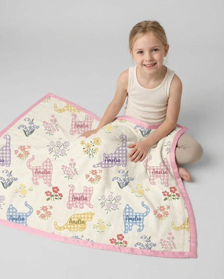 Gingham Cats Custom Name Bamboo Blanket