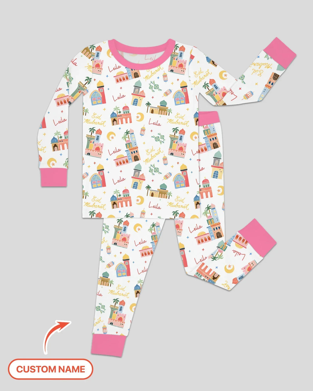 Eid Mubarak Custom Name Bamboo Two Piece Long Sleeve Pajama Set