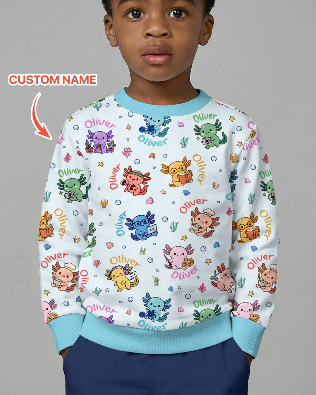 Benutzerdefinierter Name Süßer Hobby Axolotl Bambus Rundhals-Sweatshirt