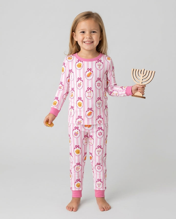 Blue White Jewish Holiday Bamboo Two Piece Long Sleeve Pajama Set