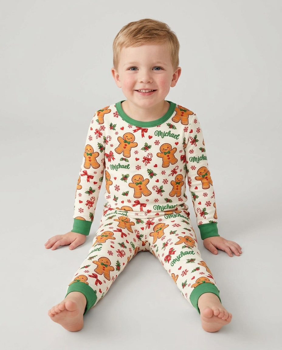 Custom Name Gingerbread Bamboo Two Piece Long Sleeve Pajama Set