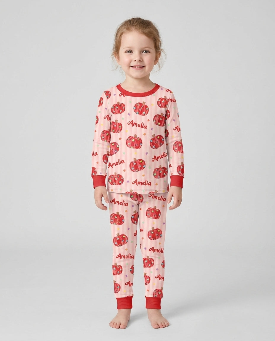 Colorful Star Pumpkin Custom Name Bamboo Two Piece Long Sleeve Pajama Set
