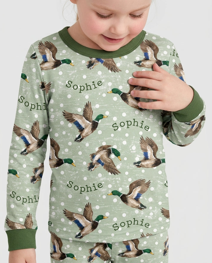 Custom Name Flying Mallard Duck Bamboo Two Piece Long Sleeve Pajama Set