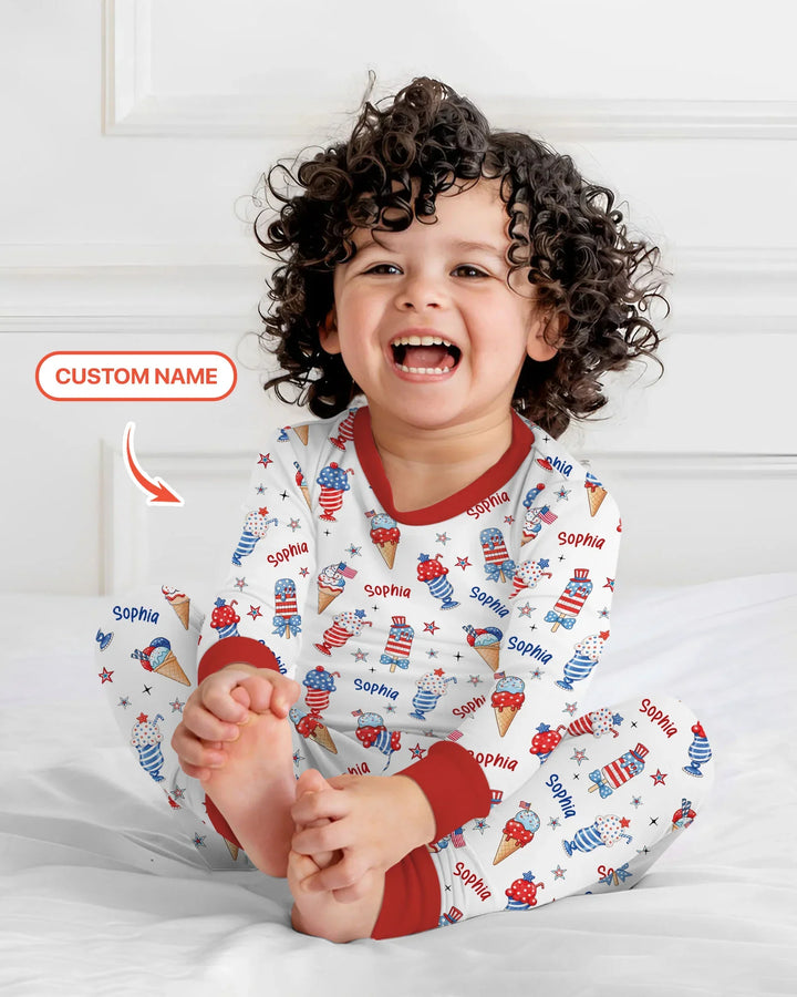 Custom Name Red, White & Ice Cream Bamboo Two Piece Long Sleeve Pajama Set