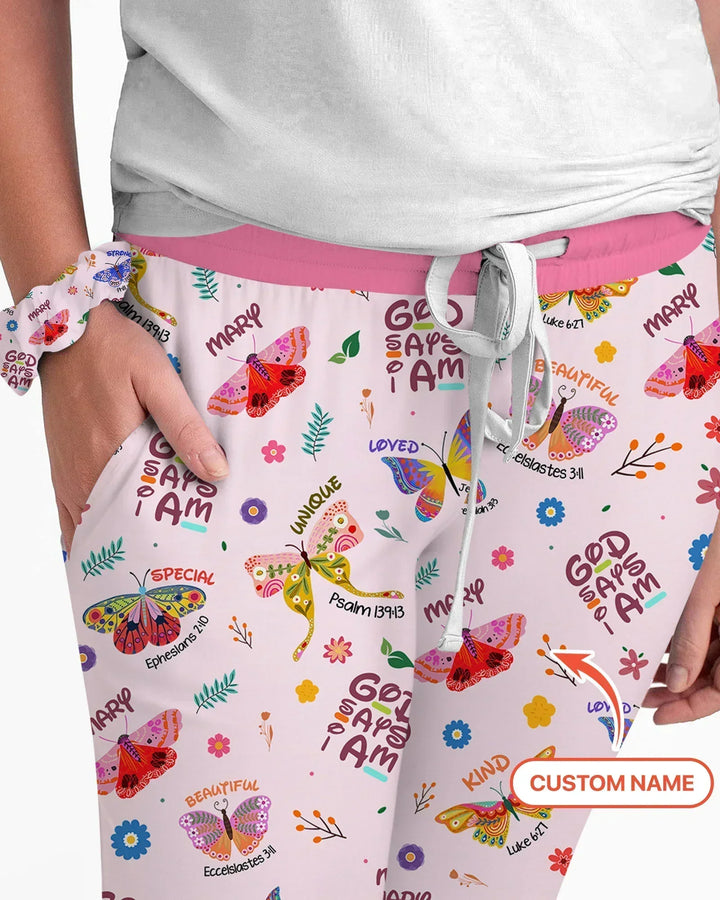 Personalisierter Name Gott sagt, ich bin ein Pyjama-Set für Damen mit Schmetterlings-Bambus