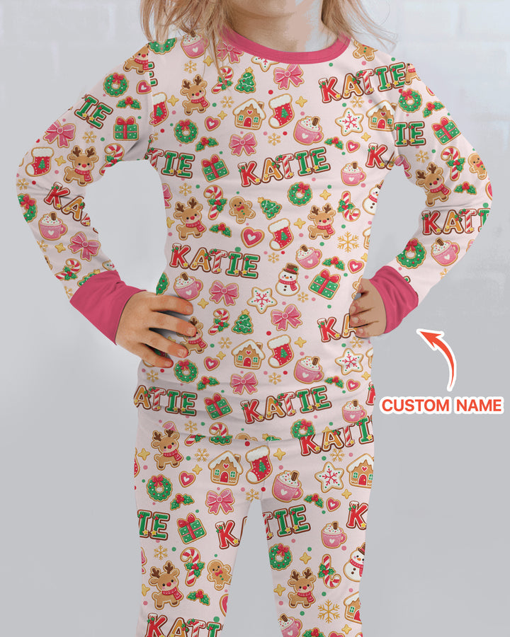 Pink GingerBread Custom Name Bamboo Two Piece Long Sleeve Pajama Set