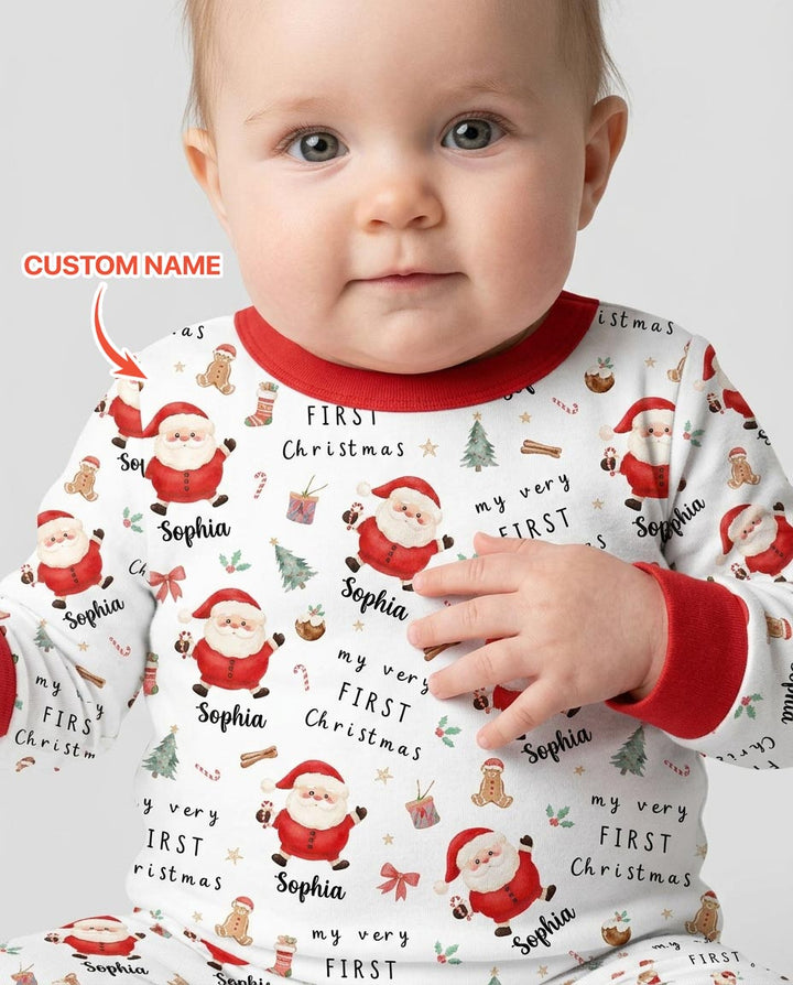 Custom Name My Very First Christmas Santa  Bamboo Two Piece Long Sleeve Pajama Set