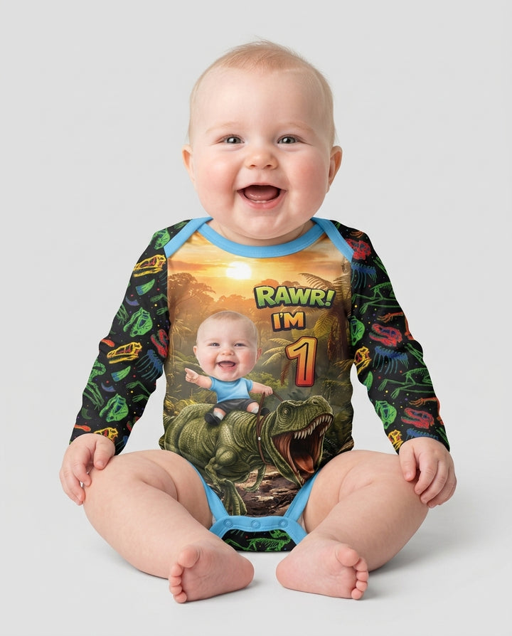 Custom Photo Dino Rawr Birthday Bamboo Bodysuit