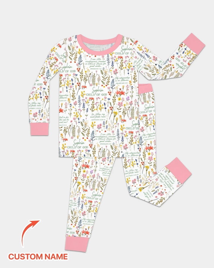 Custom Name Child of God Flower Garden Bamboo Two Piece Long Sleeve Pajama Set