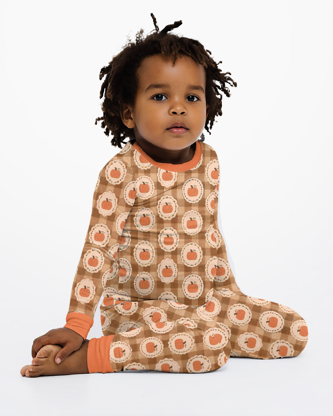Folksy Framed Gingham Pumpkin Bamboo Two Piece Long Sleeve Pajama Set
