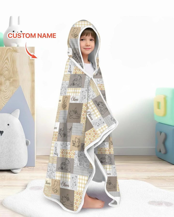 Personalized Classic Bear Patchwork  Bamboo Wearable Hooded Blanket