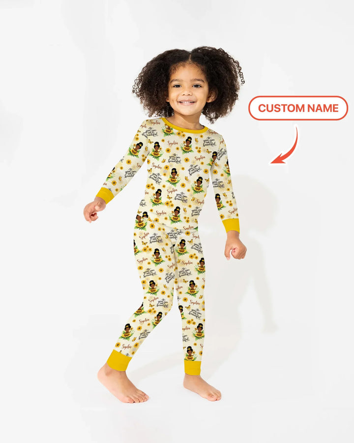 Custom Name Sunflower Queen Bamboo Two Piece Long Sleeve Pajama Set