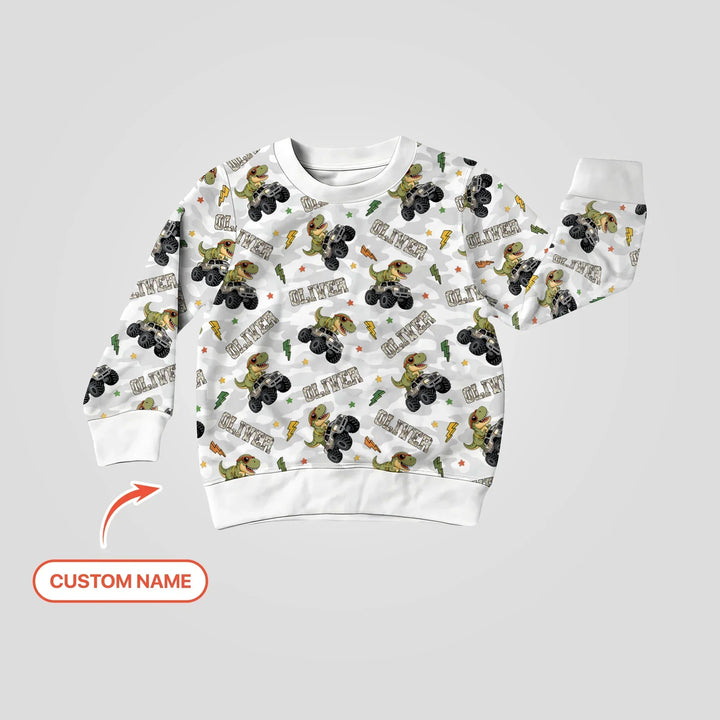 Benutzerdefinierter Name Camo Trucker Dino Bambus Rundhals-Sweatshirt