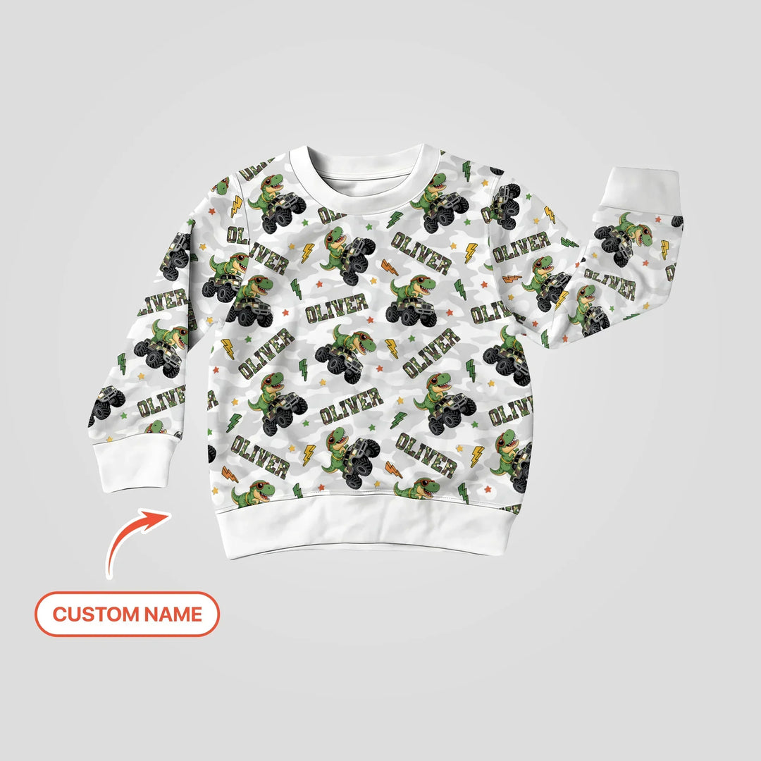 Benutzerdefinierter Name Camo Trucker Dino Bambus Rundhals-Sweatshirt