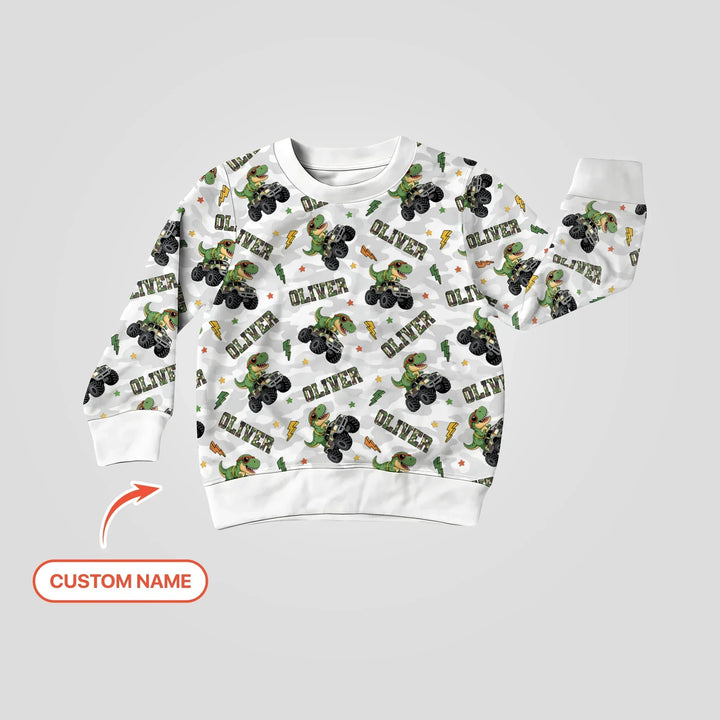 Benutzerdefinierter Name Camo Trucker Dino Bambus Rundhals-Sweatshirt