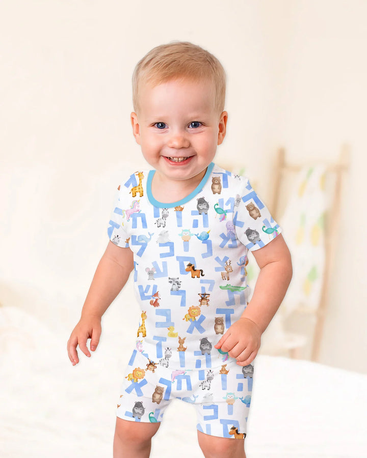 Hebrew Animal Alphabet Bamboo Two Piece Short Sleeve Shorts Pajama Set