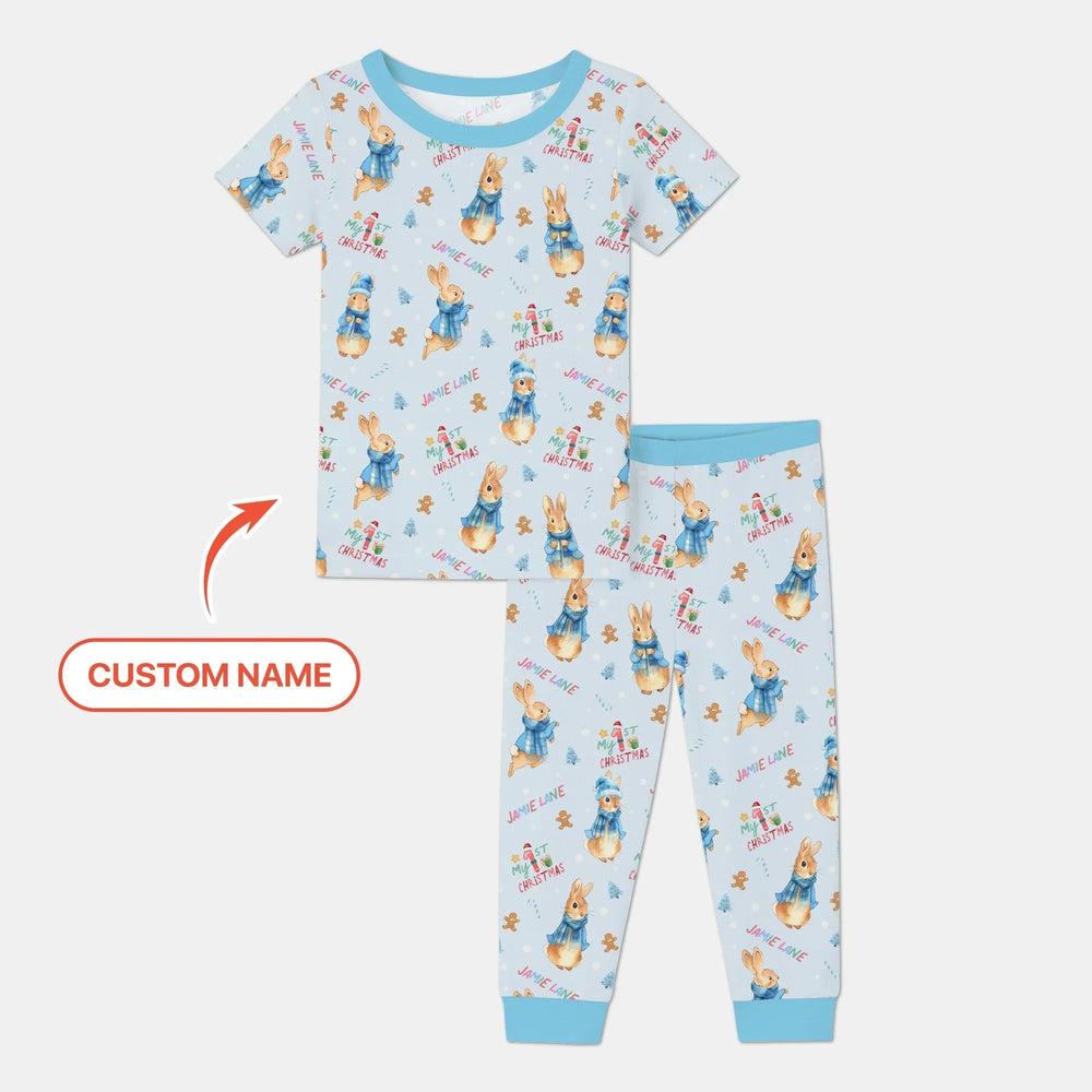 Custom 1st Christmas Rabbit Two Piece Short Sleeve Pajama Set , Custom 1st Christmas Rabbit Two Piece Short Sleeve Pajama Set - 12-18M