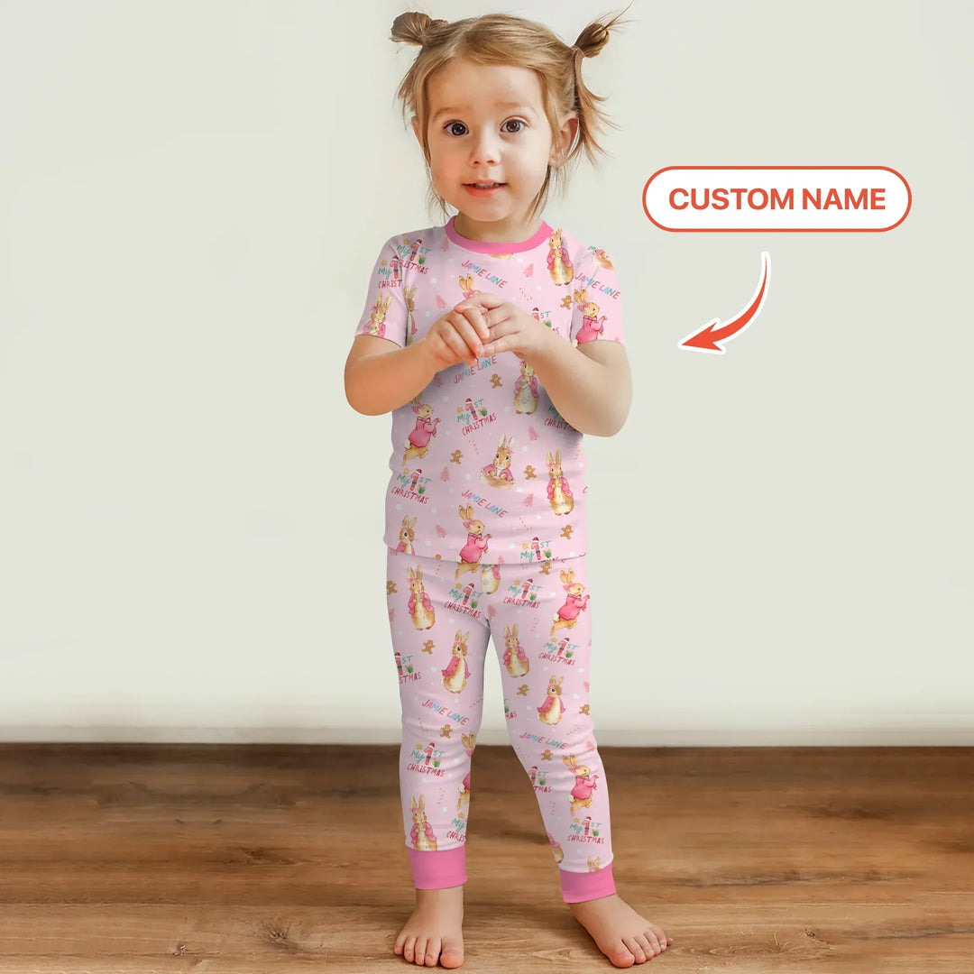 Custom 1st Christmas Rabbit Two Piece Short Sleeve Pajama Set , Custom 1st Christmas Rabbit Two Piece Short Sleeve Pajama Set - 12-18M
