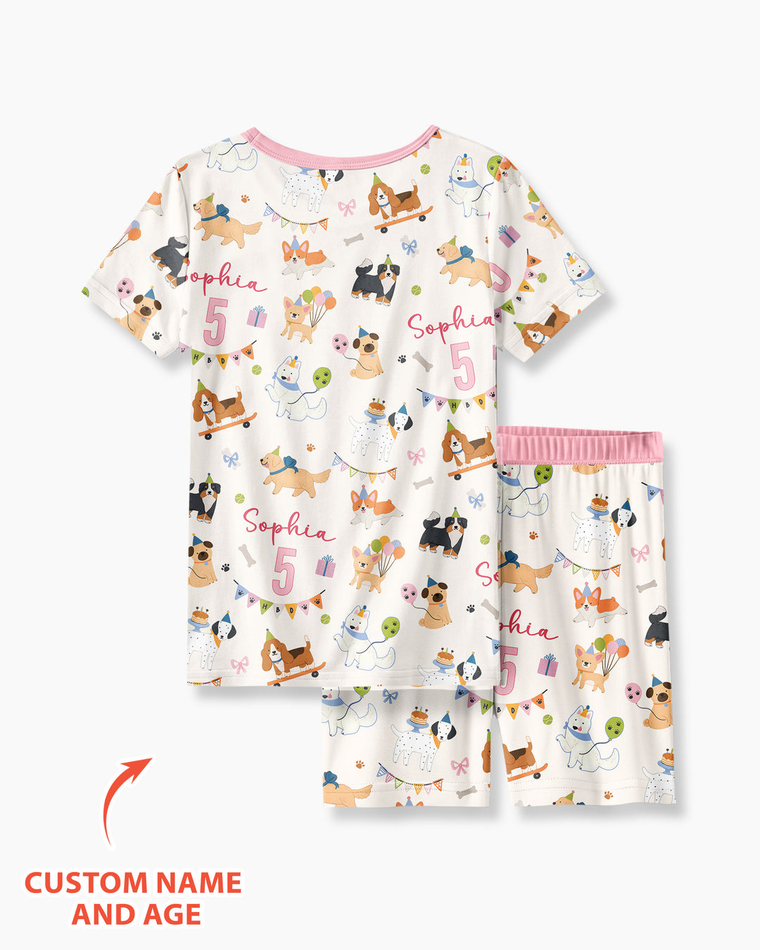 Custom Name Birthday Dogs Party Bamboo Two Piece Short Sleeve Shorts Pajama Set