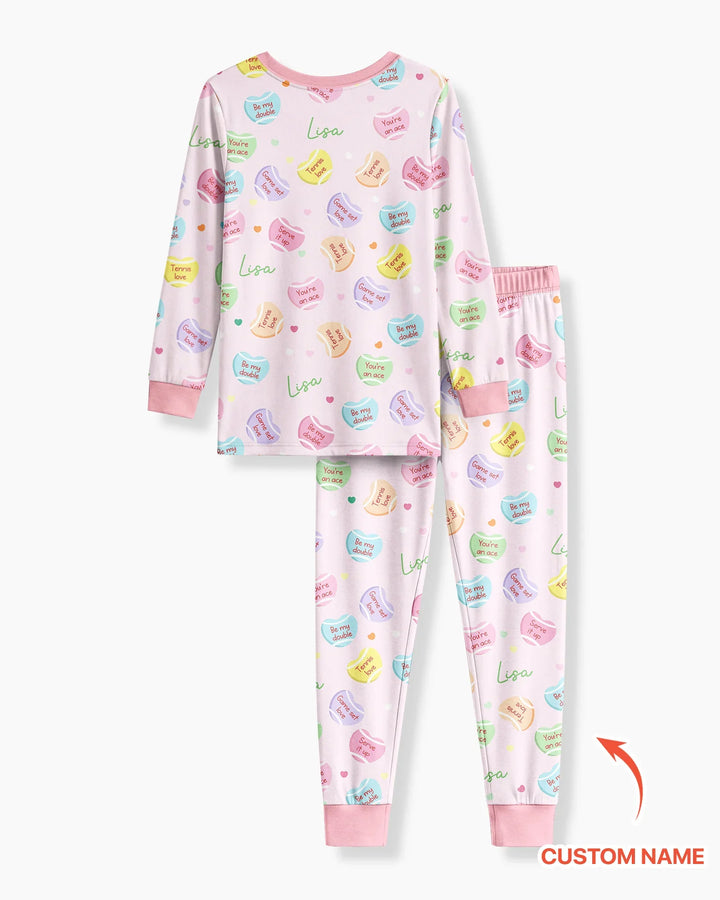 Custom Name Tennis Candy Hearts Bamboo Two Piece Long Sleeve Pajama Set