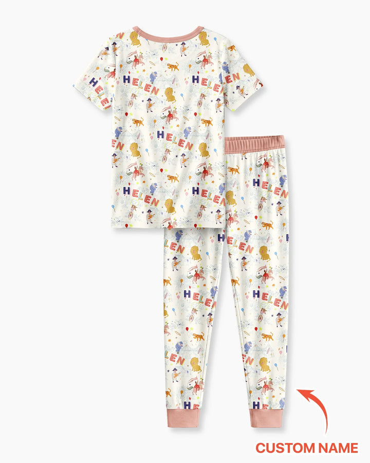 Custom Name Circus Toile Bamboo Two Piece Short Sleeve Pajama Set