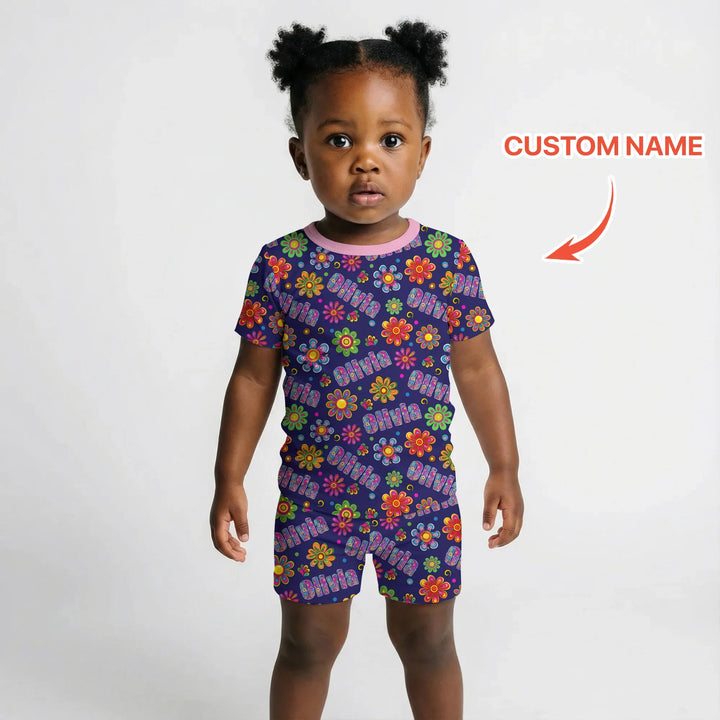 Custom Name Rainbow Hippie Flowers Bamboo Two Piece Short Sleeve Shorts Pajama Set