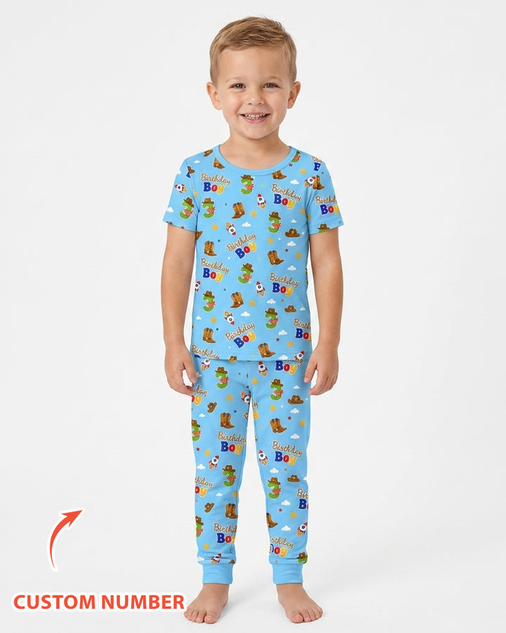 Custom Birthday Western Boy Bamboo Two Piece Short Sleeve Pajama Set
