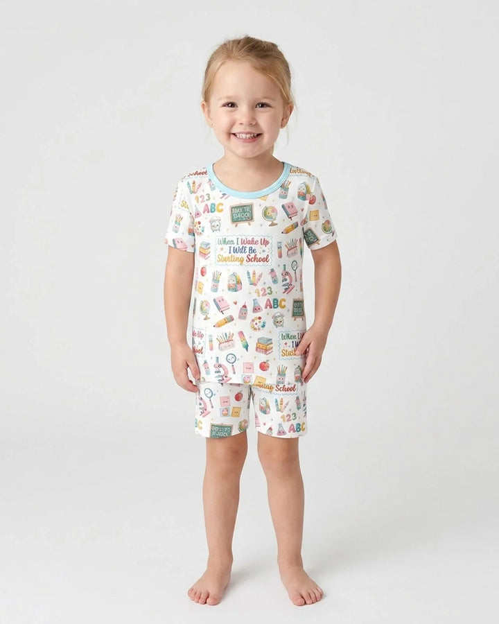 When I Wake Up I Will Be Starting School Bamboo Two Piece Short Sleeve Shorts Pajama Set