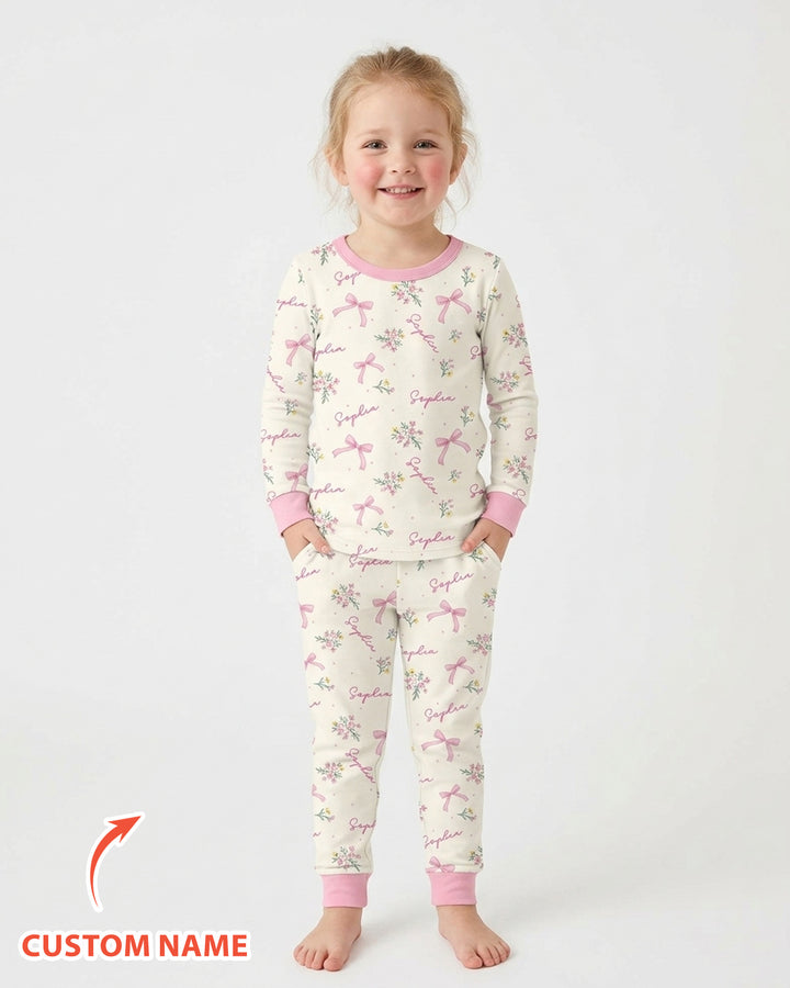 Pastel Ditsy Floral Bow Bamboo Two Piece Long Sleeve Pajama Set