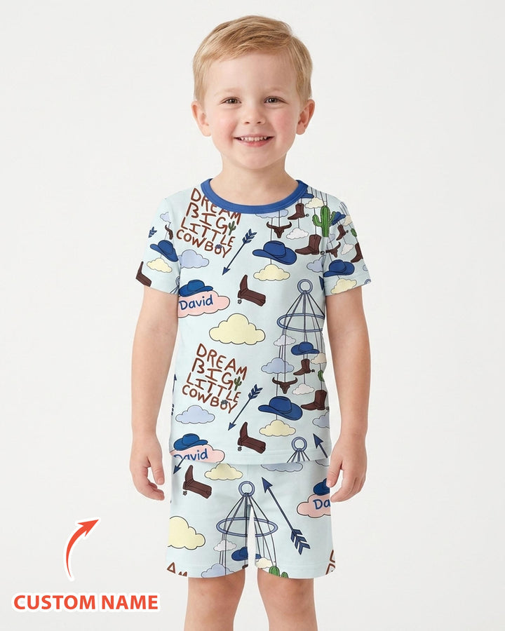 Litlle Cowboy Sis Bro Matching  Bamboo Two Piece Short Sleeve Shorts Pajama Set