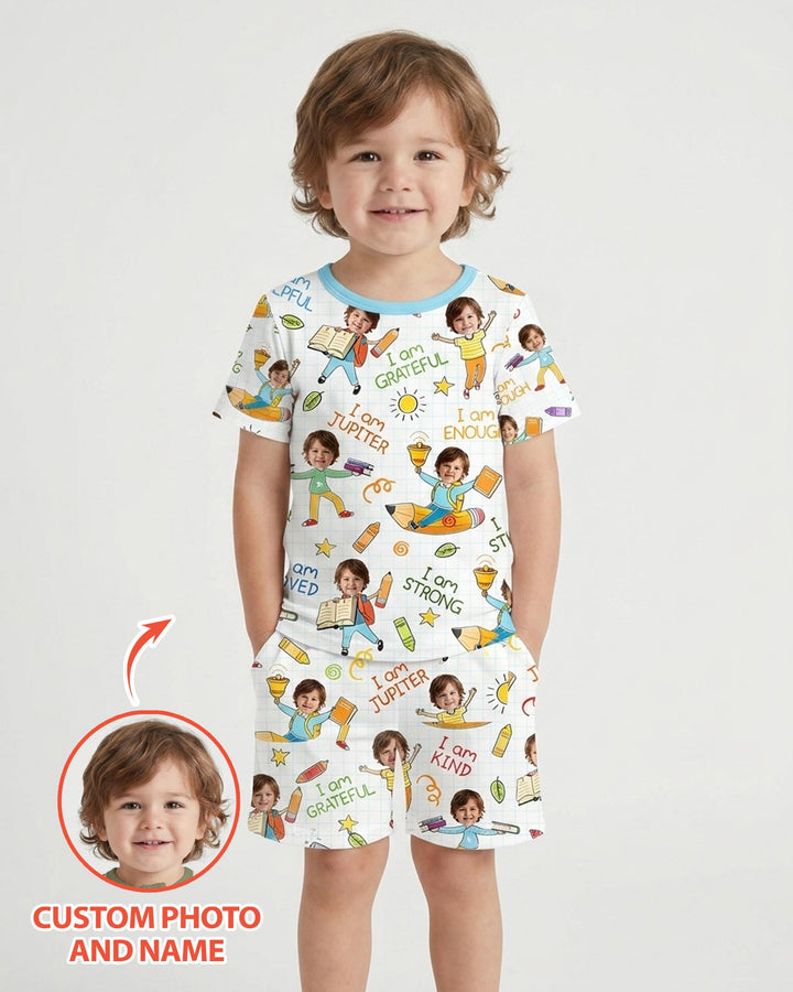 Custom Photo Kid Affirmations I Am Kind Bamboo Two Piece Short Sleeve Shorts Pajama Set