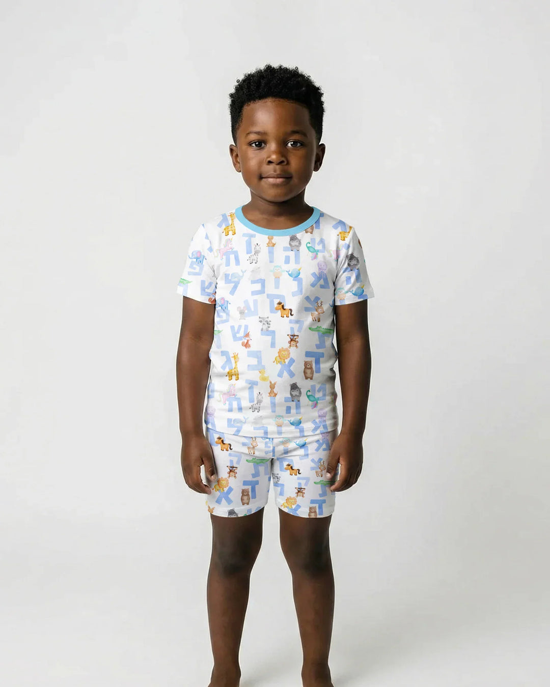Hebrew Animal Alphabet Bamboo Two Piece Short Sleeve Shorts Pajama Set